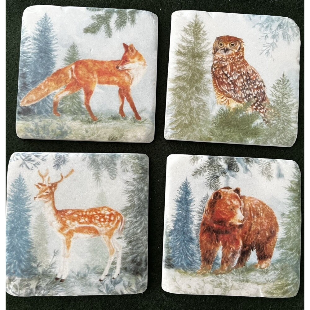 Woodland Resin Fox Owl Bear Deer Drink Square Coasters Set of 4 Log Cabin Style